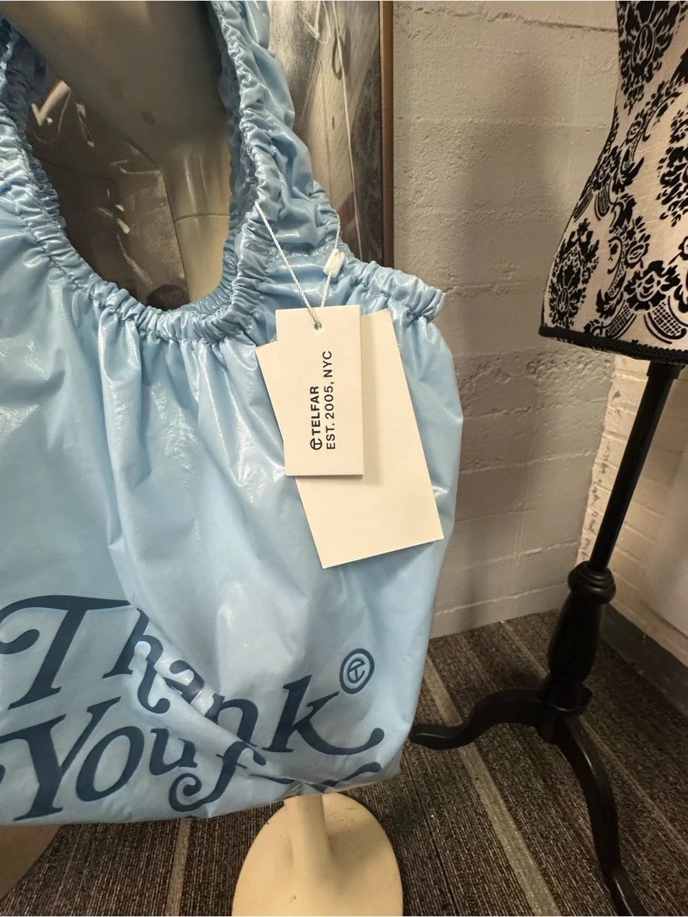 Telfar Light Blue 'Thank You For Shopping” Ruched Handle Tote